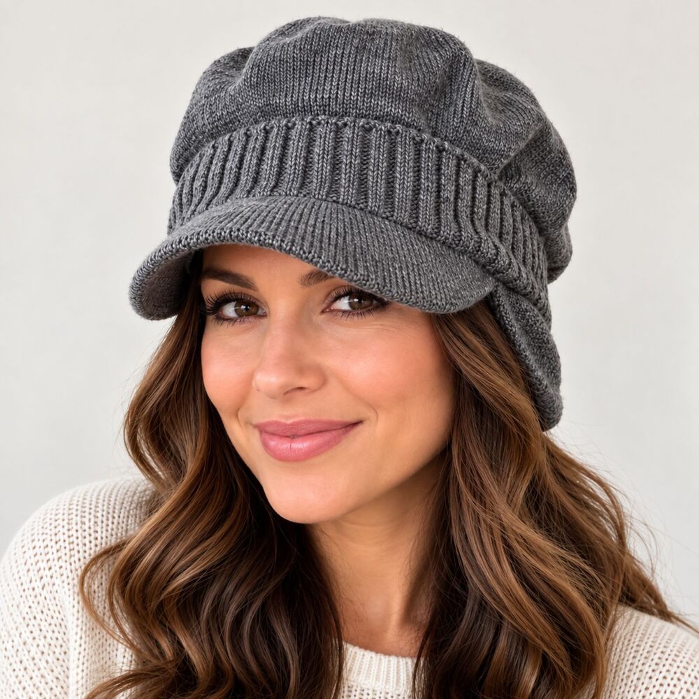 Women’s Gray Knit Newsboy Cap Wool Blend Soft Winter Visor Hat One Size NEW